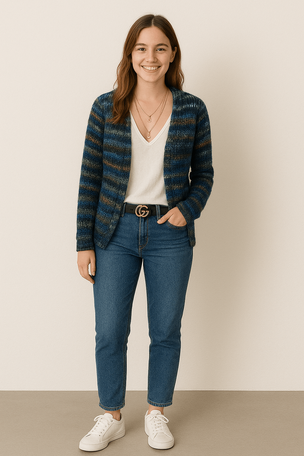 Women's multicoloured striped open knit cardigan with long sleeves