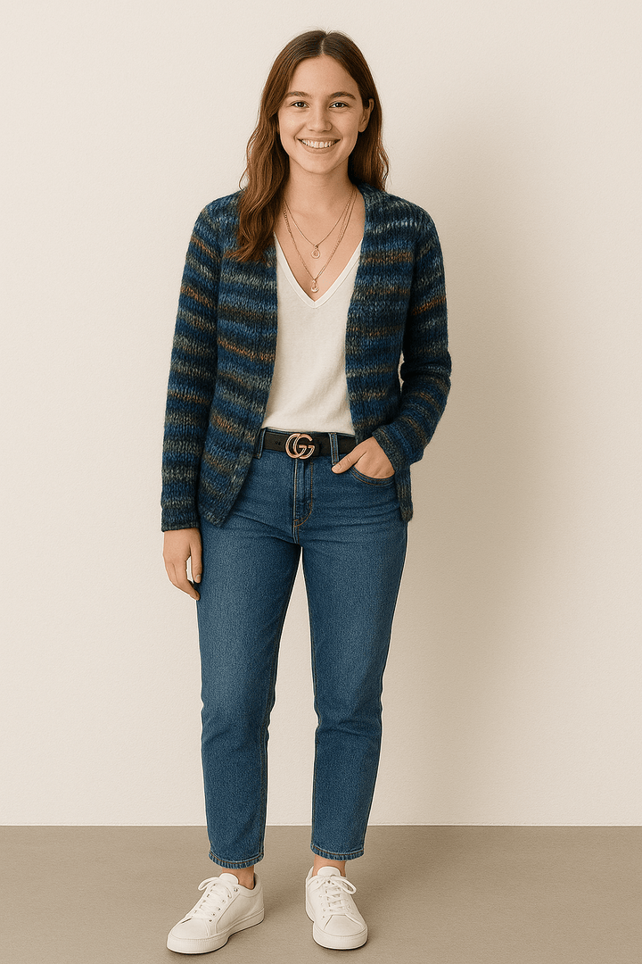 Women's multicoloured striped open knit cardigan with long sleeves