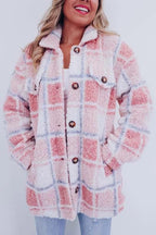 Women's checked teddy jacket with collar and button front