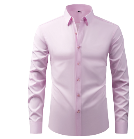 Men's long sleeve formal shirt with point collar, button front and curved hem