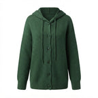 Women's hooded knitted cardigan with button front, long sleeves and ribbed cuffs