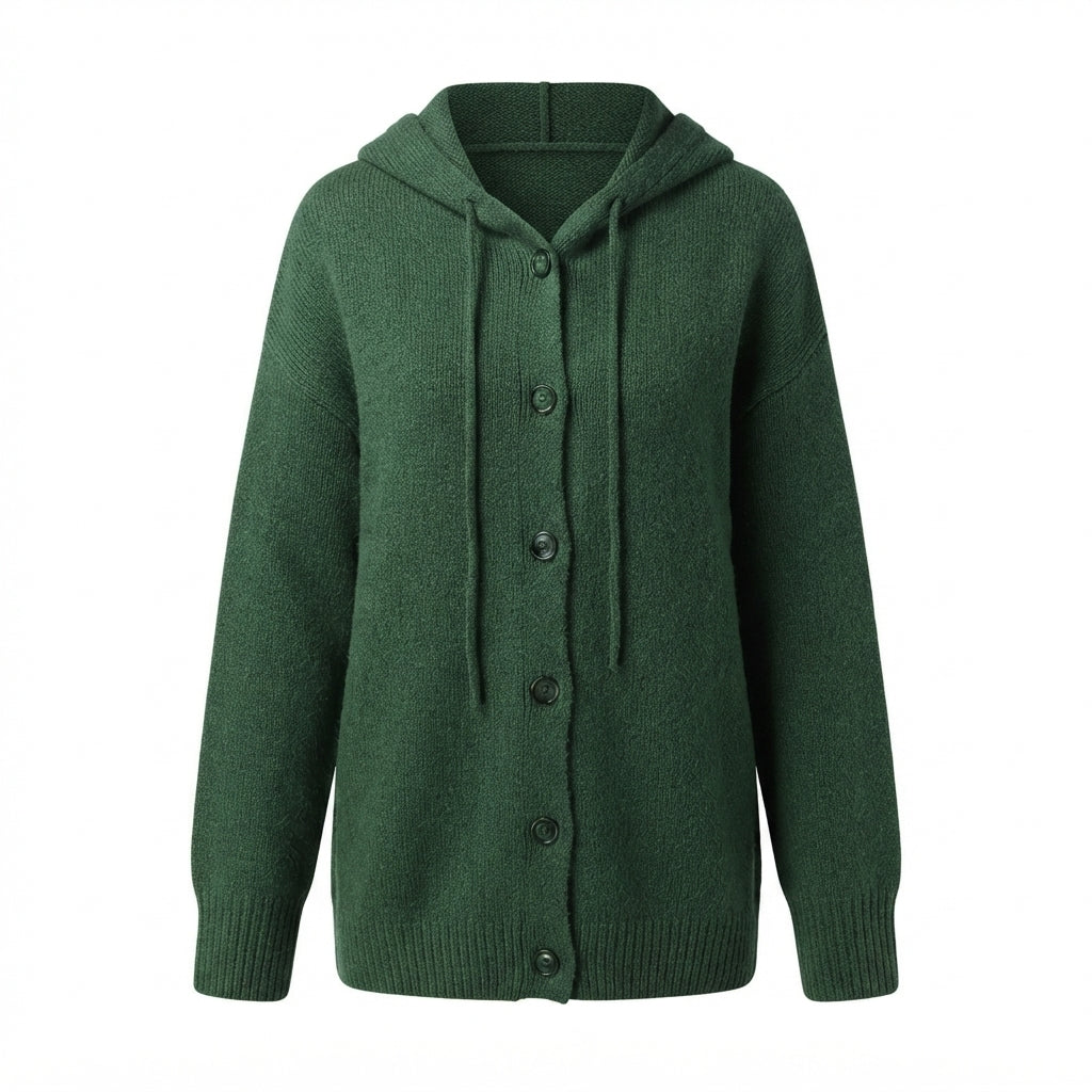 Women's hooded knitted cardigan with button front, long sleeves and ribbed cuffs