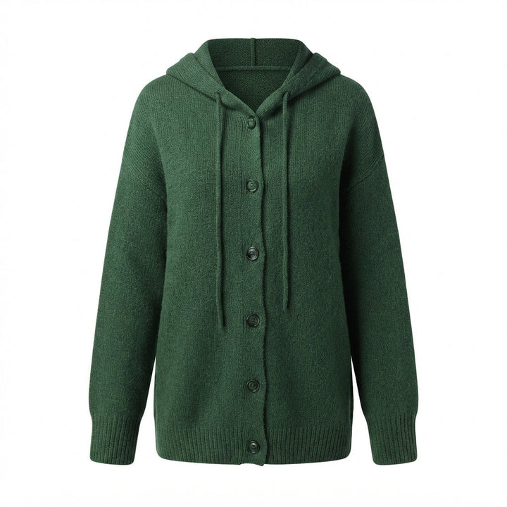 Women's hooded knitted cardigan with button front, long sleeves and ribbed cuffs