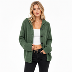 Women's hooded knitted cardigan with button front, long sleeves and ribbed cuffs