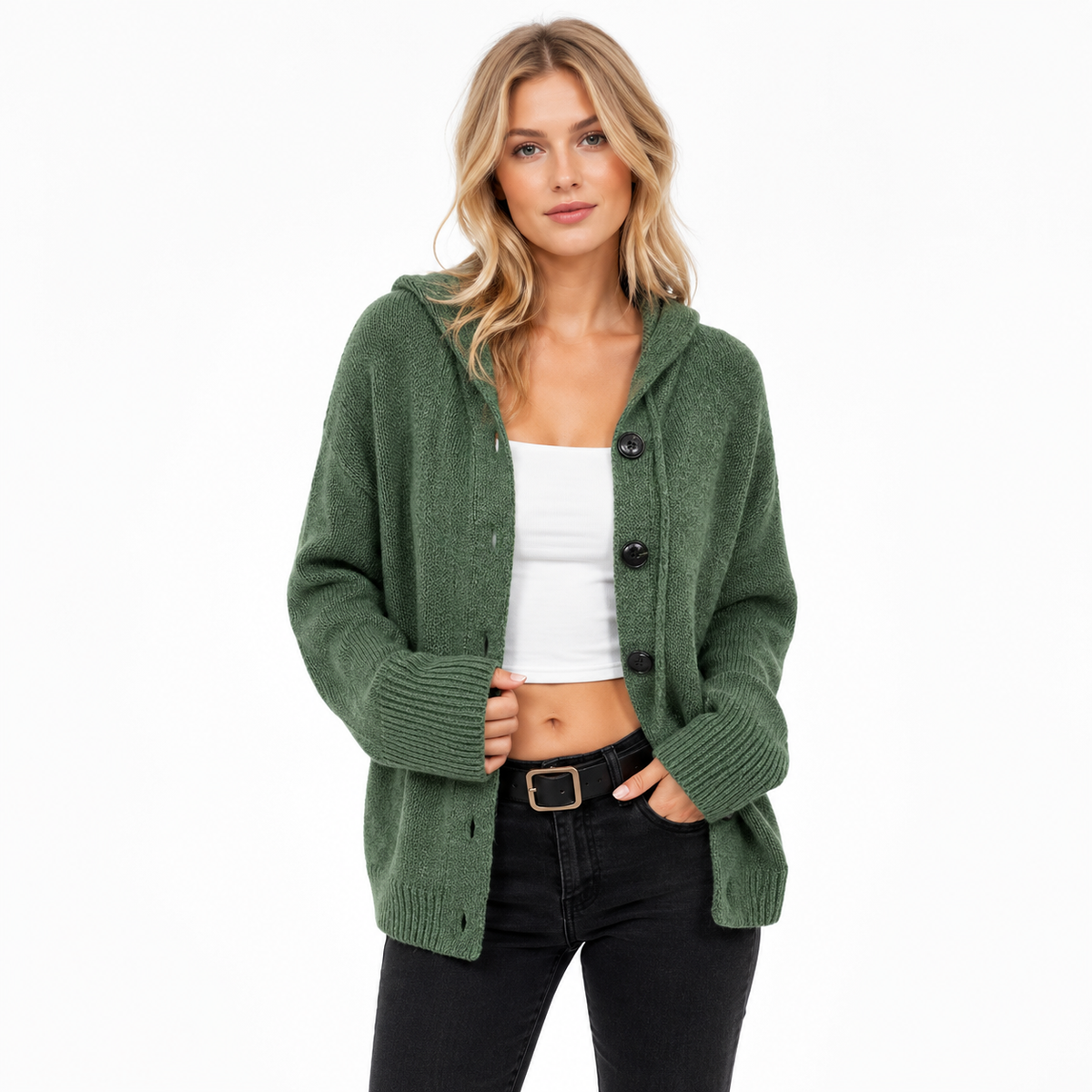 Women's hooded knitted cardigan with button front, long sleeves and ribbed cuffs