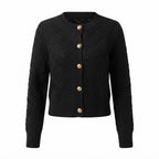 Women's cropped openwork knit cardigan with geometric pattern and button front