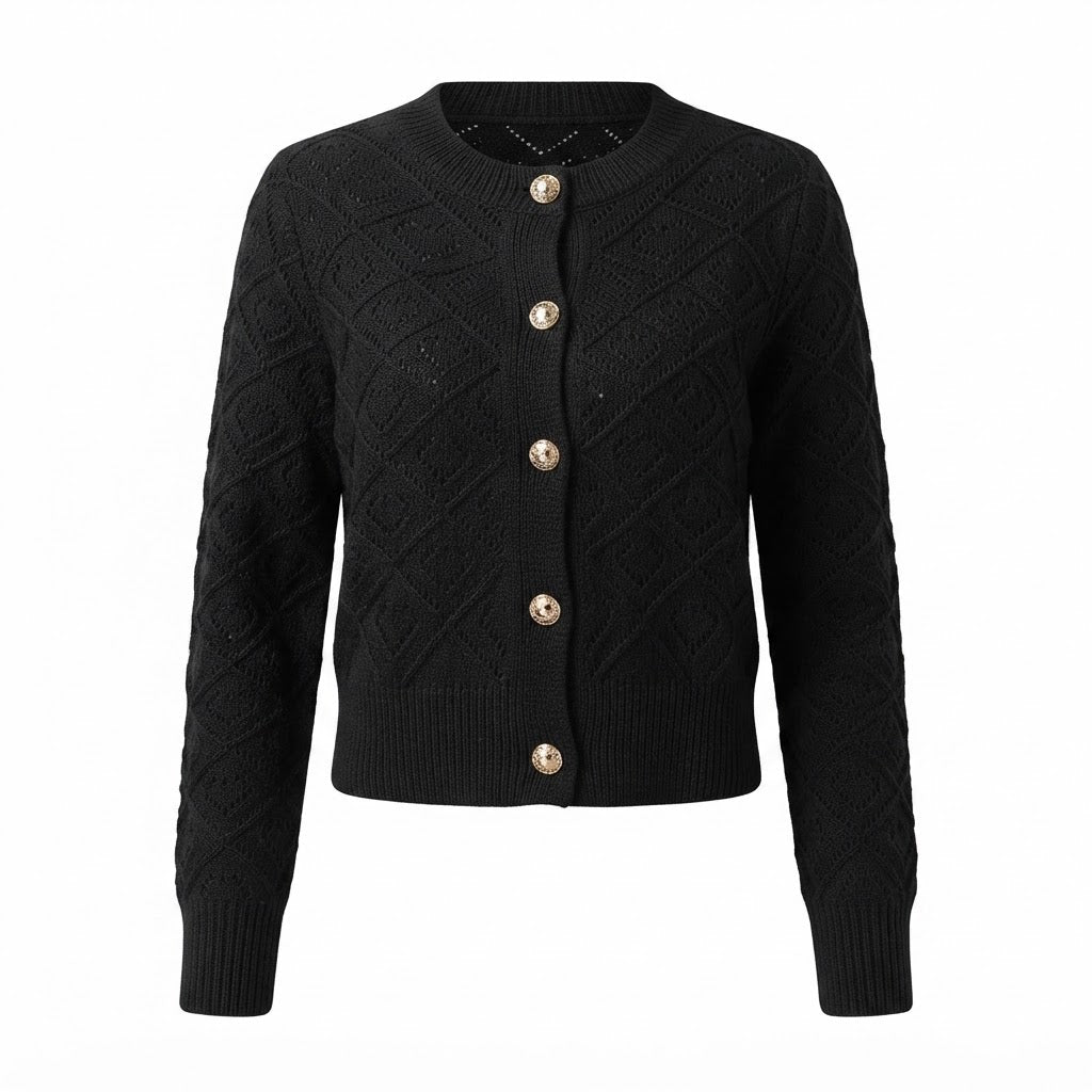 Women's cropped openwork knit cardigan with geometric pattern and button front