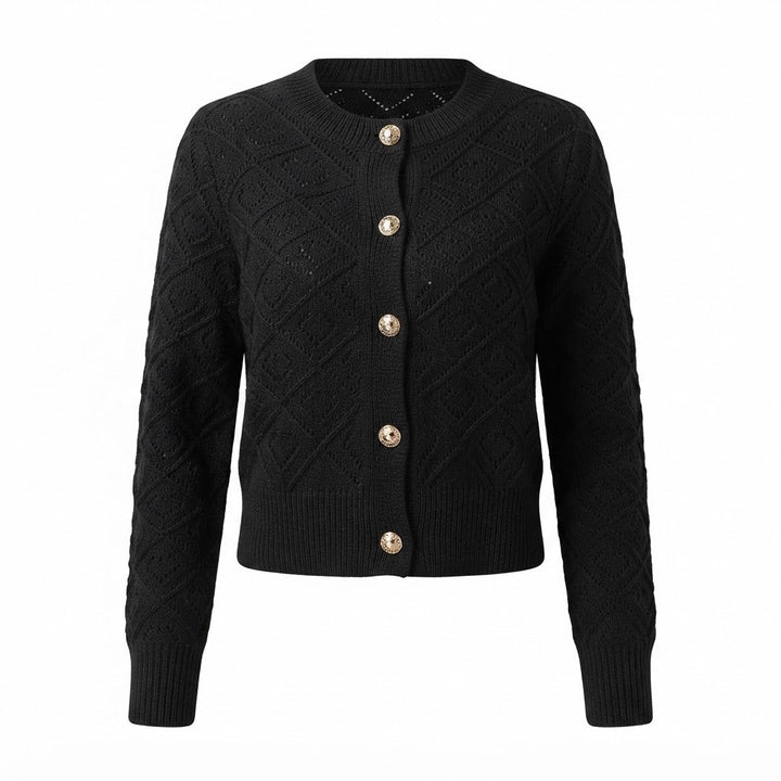 Women's cropped openwork knit cardigan with geometric pattern and button front