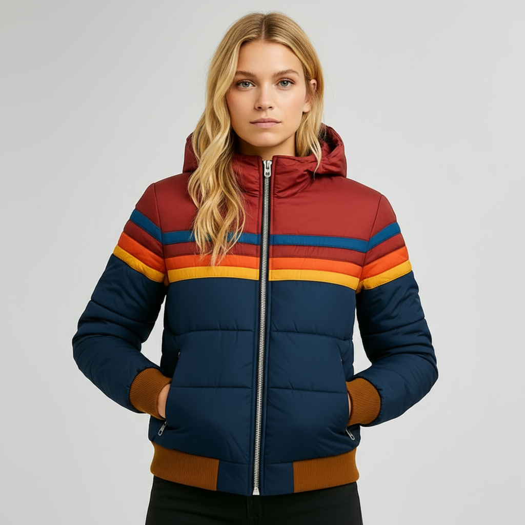 Women's padded hooded windbreaker jacket with horizontal stripes