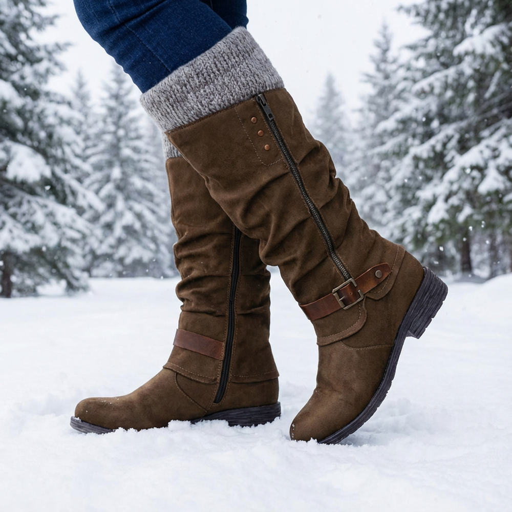 Women's knee-high boots with side zipper and buckle straps