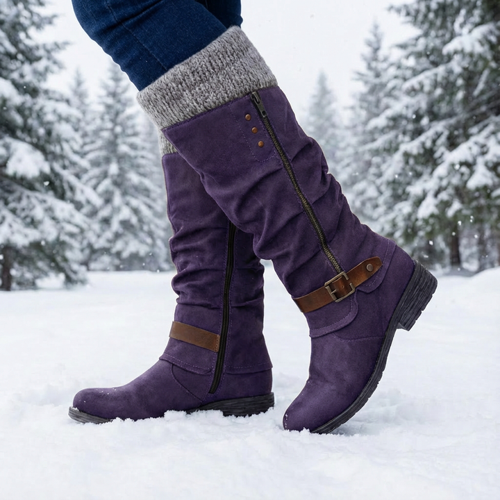 Women's knee-high boots with side zipper and buckle straps