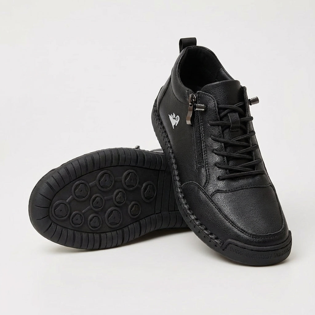 Women's plain lace-up trainers with side zip, round toe and flat textured sole