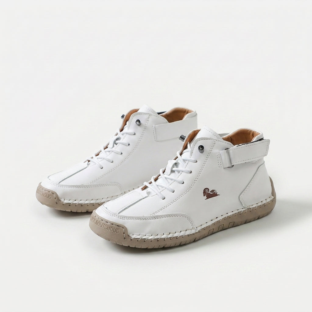 Ankle-height lace-up sneakers with stitched panels, ankle straps and contrast soles