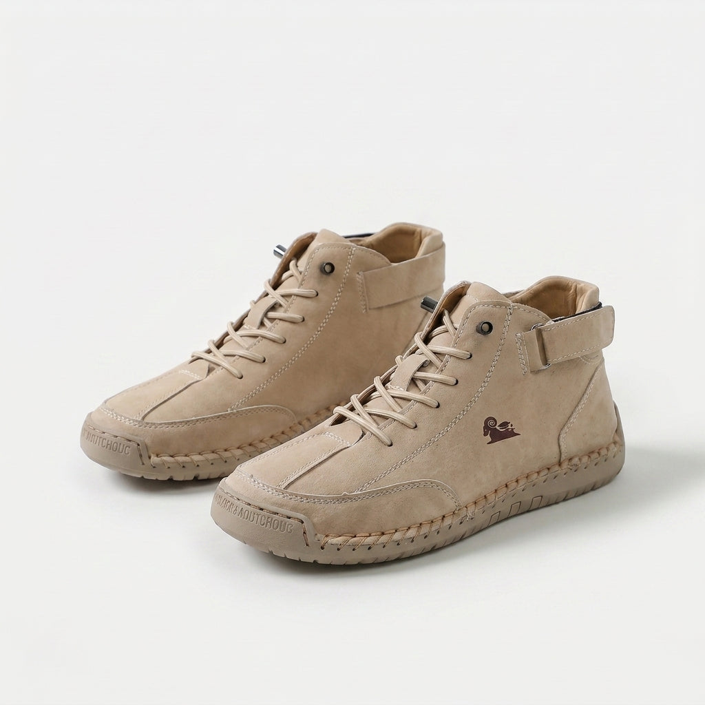 Ankle-height lace-up sneakers with stitched panels, ankle straps and contrast soles