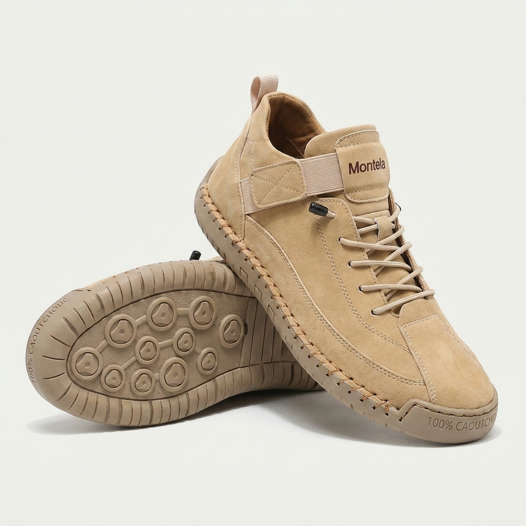 High-top lace-up sneakers with side strap detail and textured flat soles