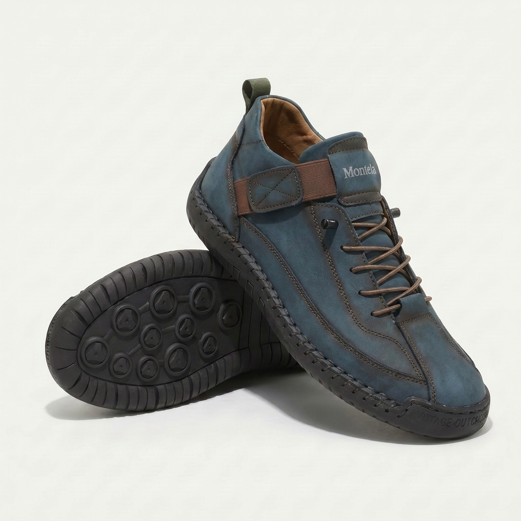 High-top lace-up sneakers with side strap detail and textured flat soles