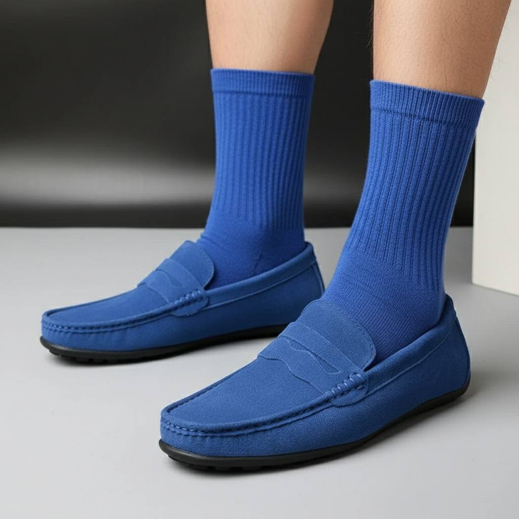 Men's slip-on loafers with moccasin stitching and flat soles