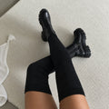 Women's overknee boots with ribbed stretch shafts and platform lug soles