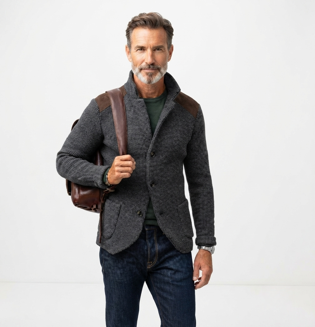 Men's chunky knit button front cardigan blazer