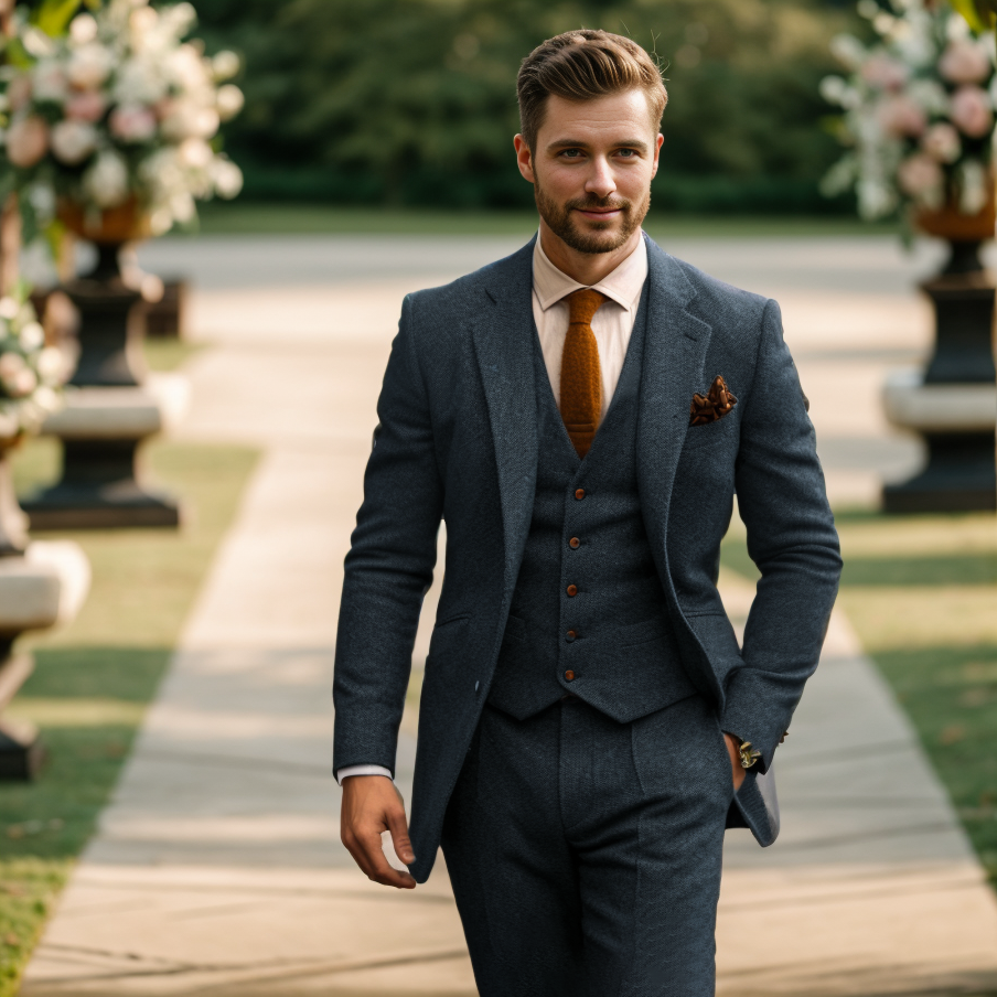 Men's three-piece textured suit with notched jacket, buttoned waistcoat and tailored trousers