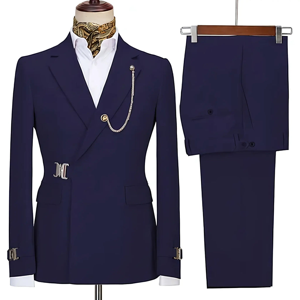 Men's two-piece suit with notched lapels, chain detail, buckle accents and matching trousers