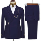 Men's two-piece suit with notched lapels, chain detail, buckle accents and matching trousers
