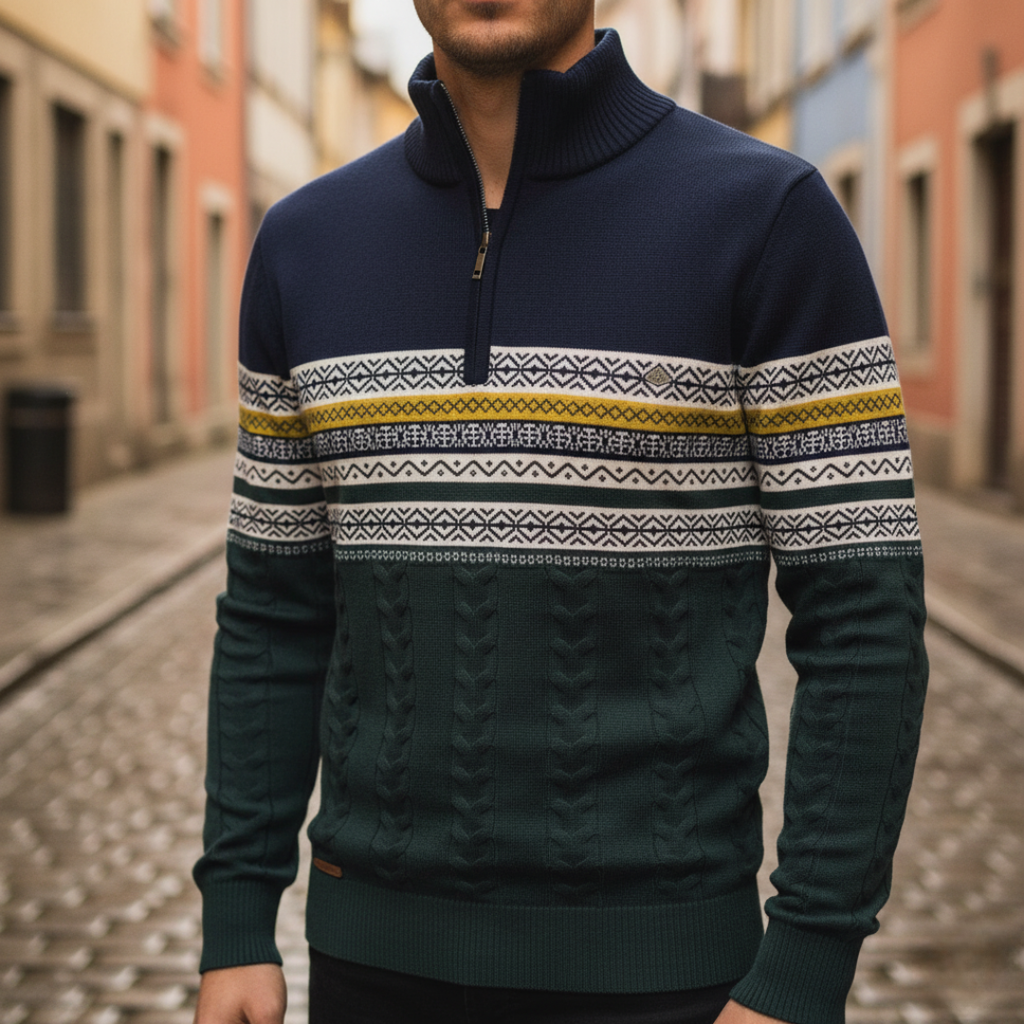 Men's patterned half-zip sweater with ribbed collar