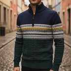 Men's patterned half-zip sweater with ribbed collar