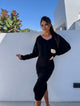 Women's V-neck long-sleeve sweatshirt and fitted midi skirt outfit set