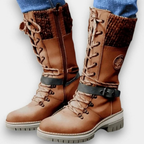 Women's mid-calf lace-up boots with buckle straps, side zips and chunky ridged soles