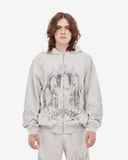 Gray graphic zip-up hoodie with cathedral print and hood