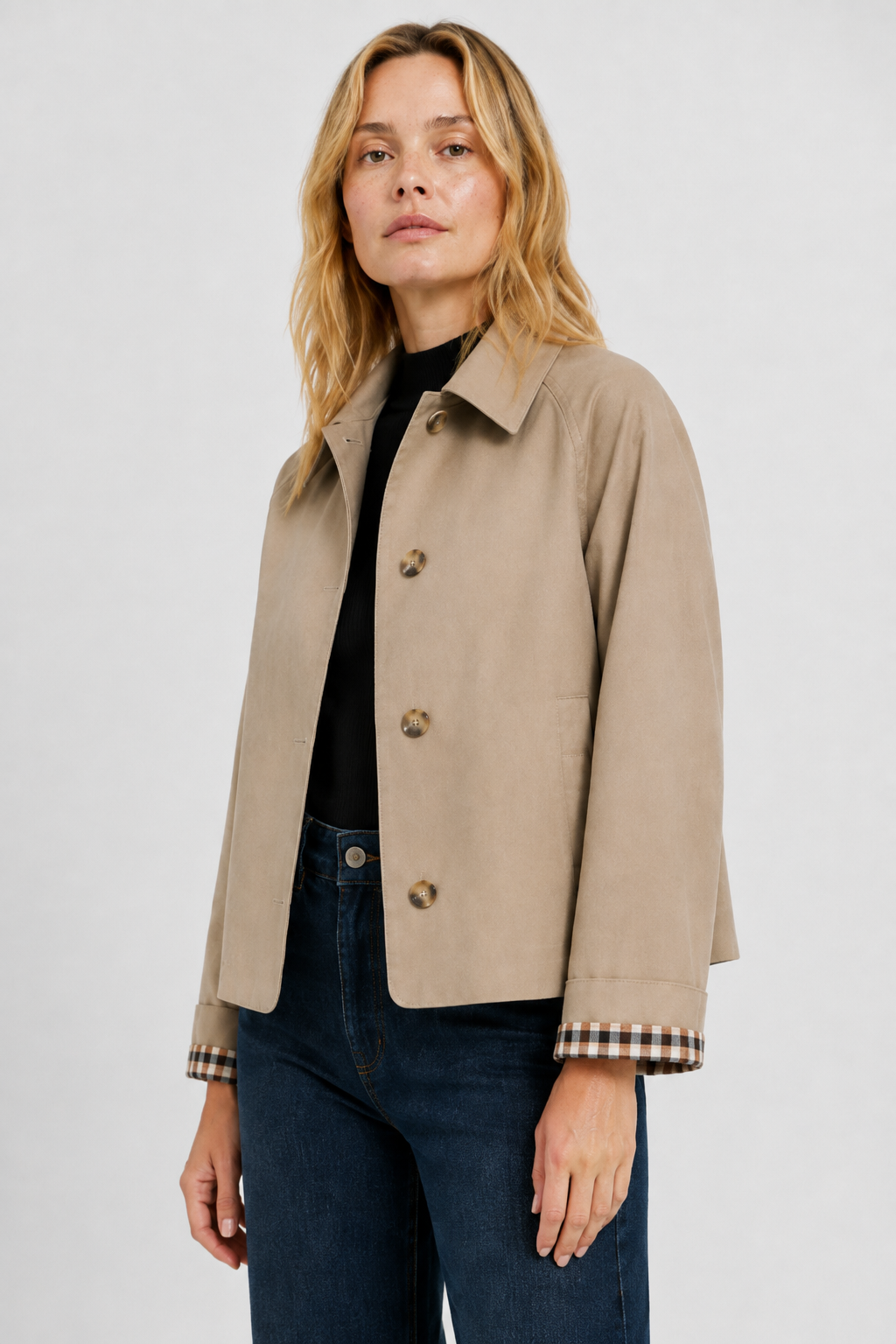 Women's lightweight collared jacket with button front and checked turn-back cuffs