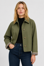 Women's lightweight collared jacket with button front and checked turn-back cuffs