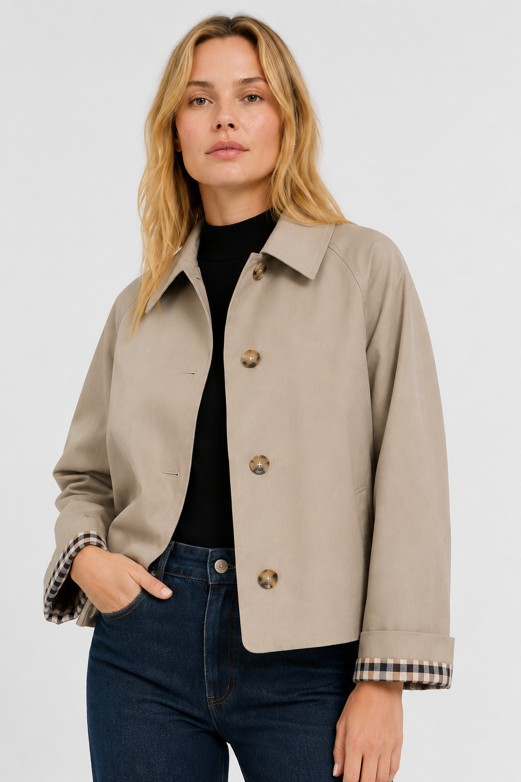 Women's lightweight collared jacket with button front and checked turn-back cuffs