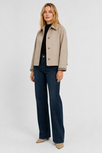 Women's lightweight collared jacket with button front and checked turn-back cuffs