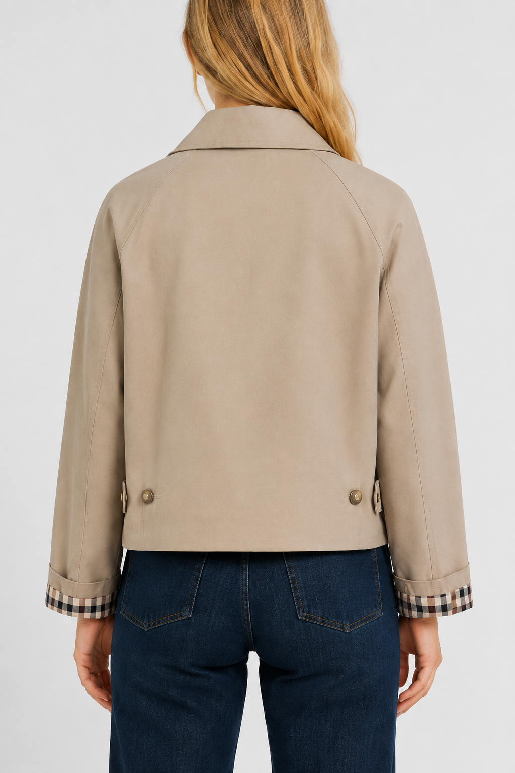 Women's lightweight collared jacket with button front and checked turn-back cuffs