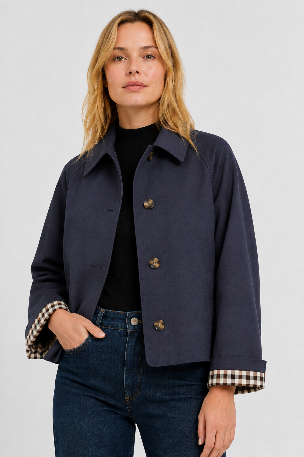 Women's lightweight collared jacket with button front and checked turn-back cuffs