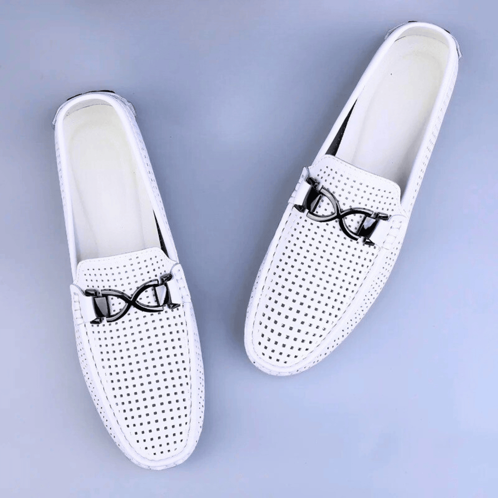 Perforated loafers with buckle detail and flat driving sole