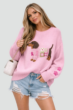 Women's knitted jumper with dog motif, crew neck and long sleeves