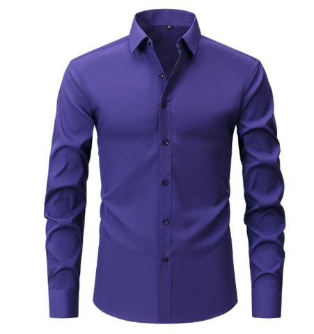 Men's long sleeve formal shirt with point collar, button front and curved hem