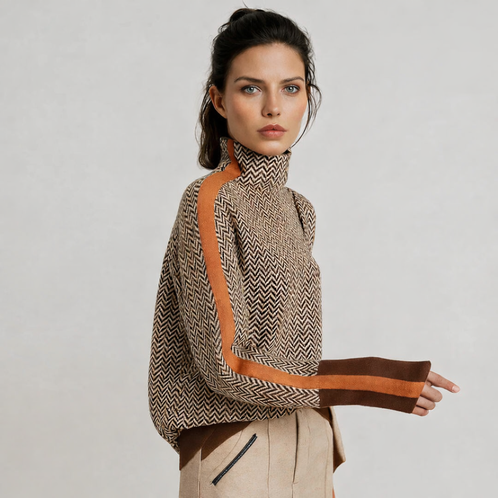 Women's geometric zigzag high neck pullover with long sleeves and contrast trims
