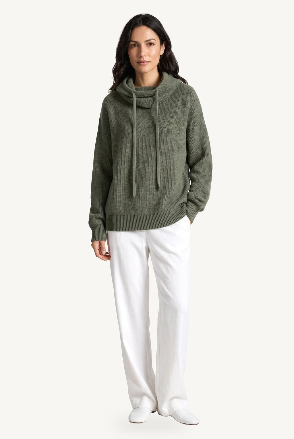 Women's knitted hoodie with cowl-style hood and long sleeves