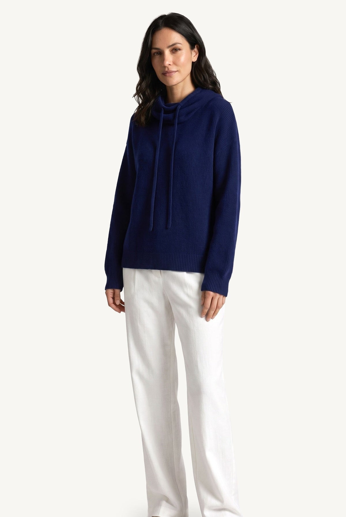 Women's knitted hoodie with cowl-style hood and long sleeves