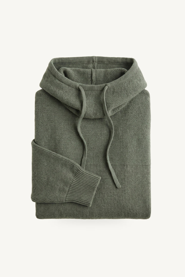 Women's knitted hoodie with cowl-style hood and long sleeves