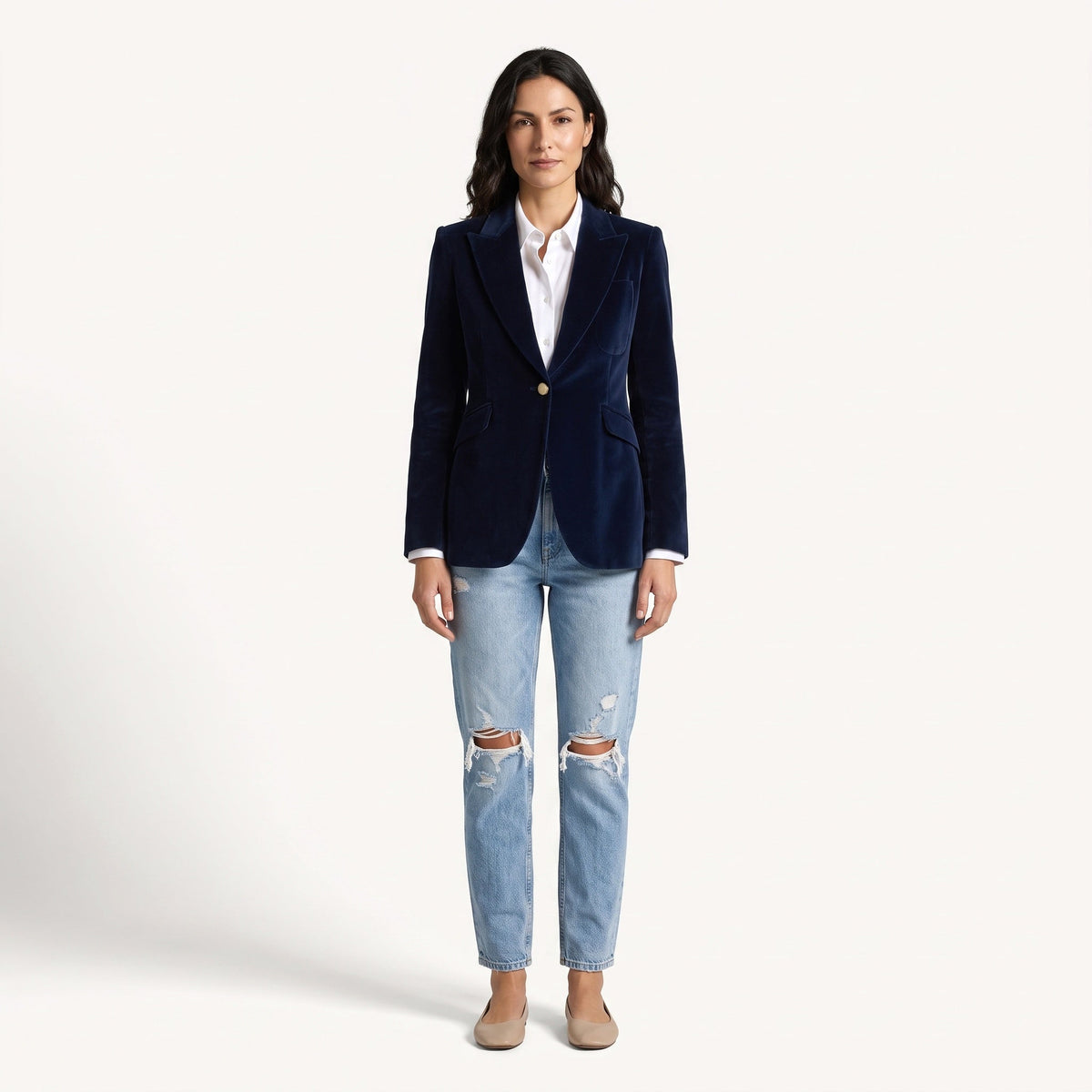 Women's navy velvet blazer with notch lapels and single button fastening