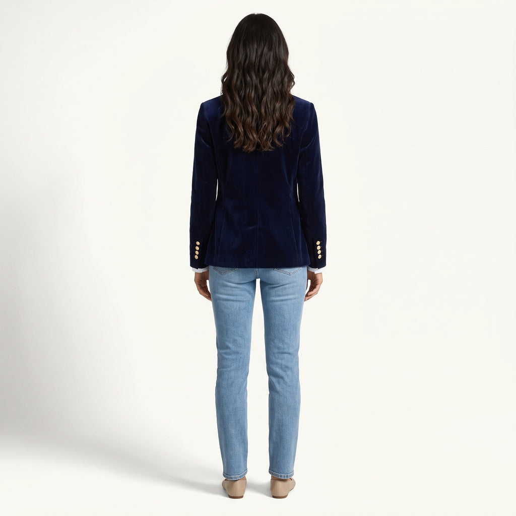 Women's navy velvet blazer with notch lapels and single button fastening