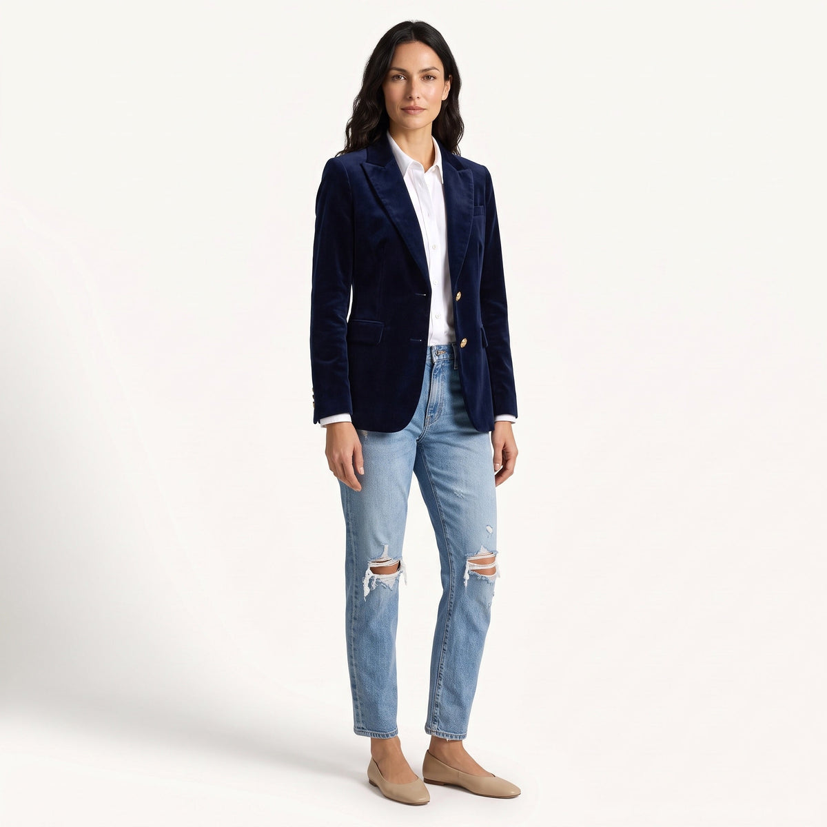 Women's navy velvet blazer with notch lapels and single button fastening