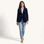 Women's navy velvet blazer with notch lapels and single button fastening