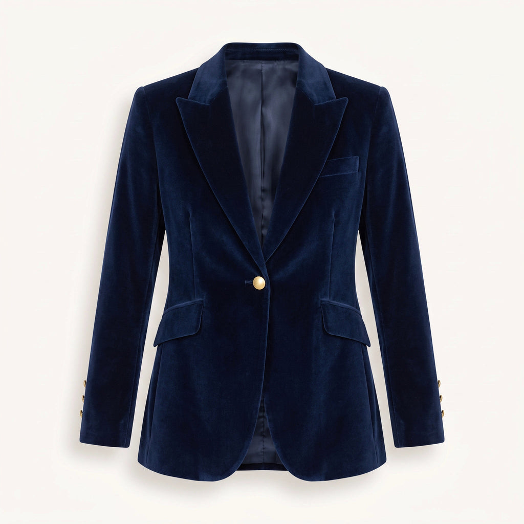 Women's navy velvet blazer with notch lapels and single button fastening
