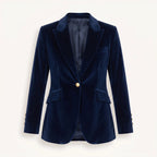 Women's navy velvet blazer with notch lapels and single button fastening